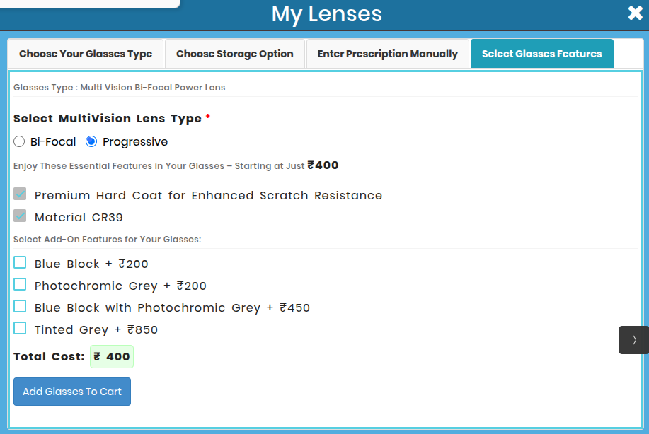 Selecting Progressive lens features