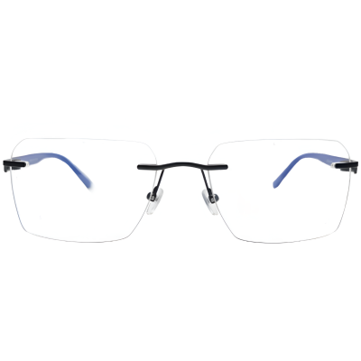 Rimless Titanium Square Eyeglasses with Carbon Fiber Temples Blue